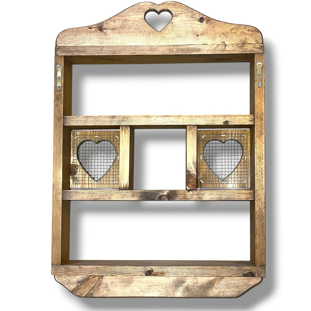 Cottagecore Rustic Primitive Wooden Heart Wall Cabinet Shelf Chicken Wire Doors - Picture 12 of 16